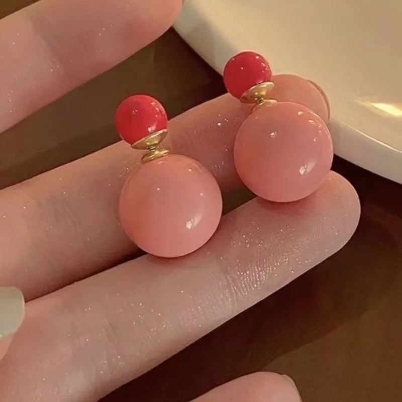 Candy Color Double Sided Pearl Stud Red Pink