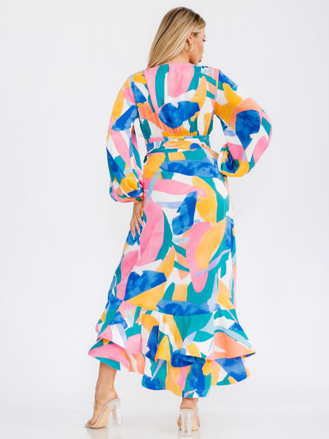 Geometric Print High Low Wrap Maxi Dress Back