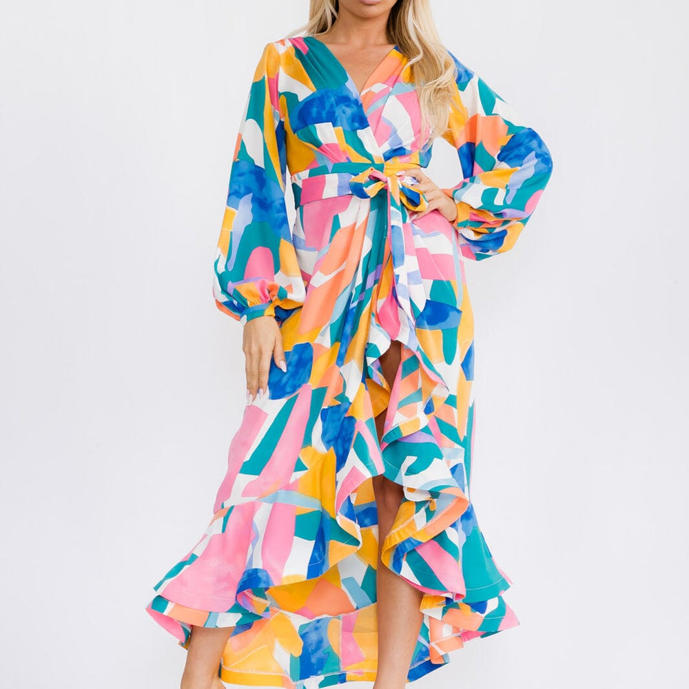 
                  
                    Geometric Print High Low Wrap Maxi Dress Front
                  
                