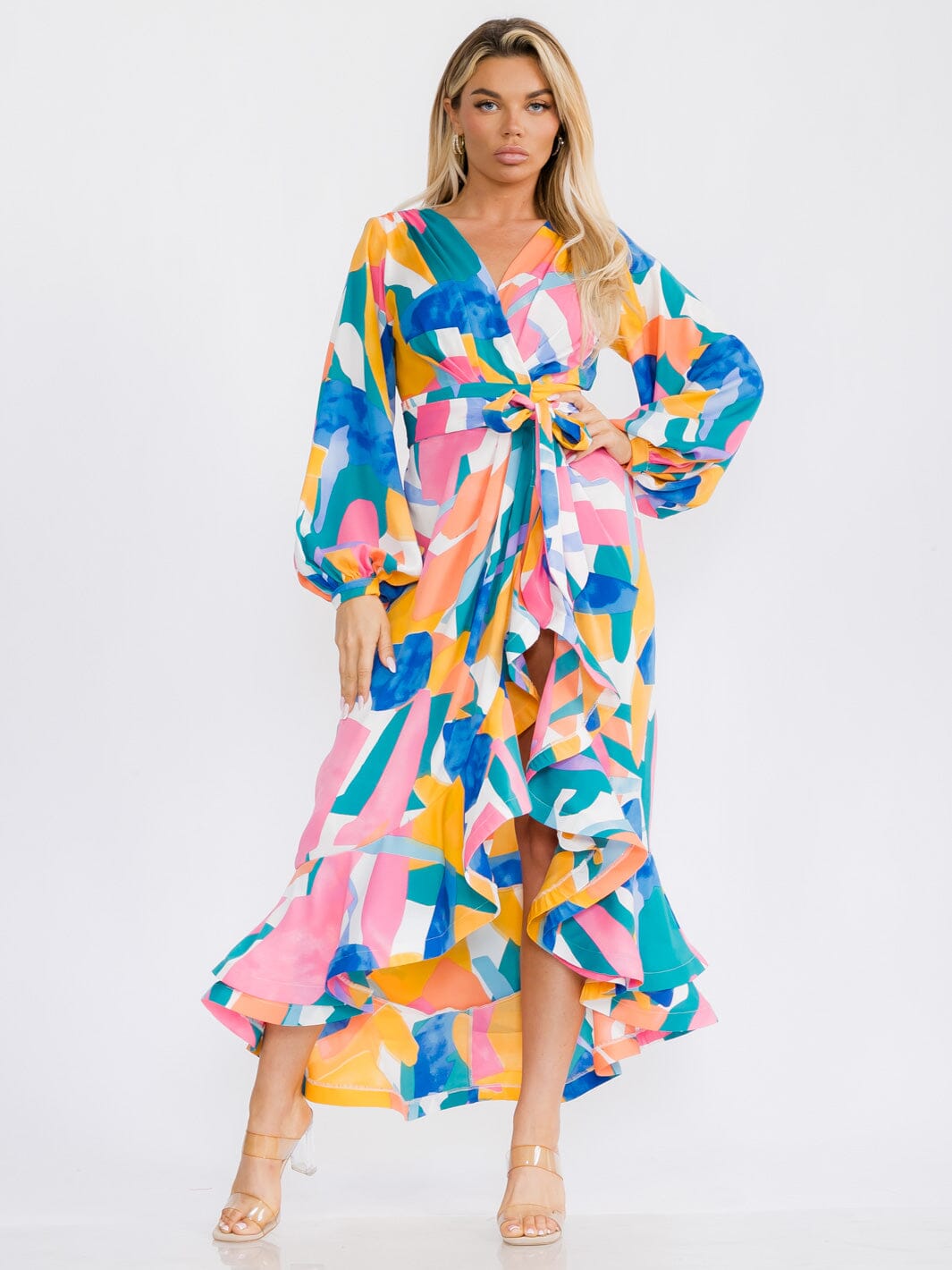 Geometric Print High Low Wrap Maxi Dress Front