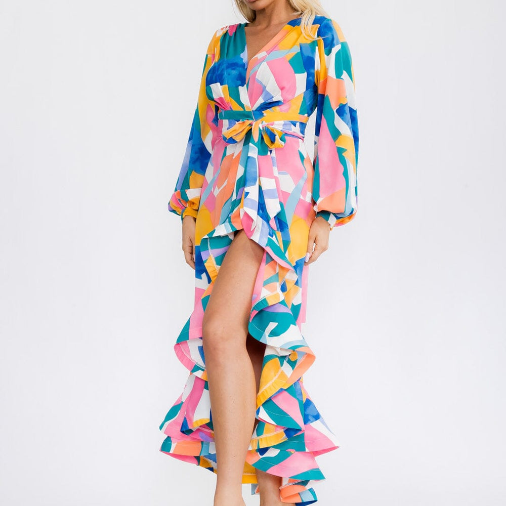 
                  
                    Geometric Print High Low Wrap Maxi Dress Side
                  
                