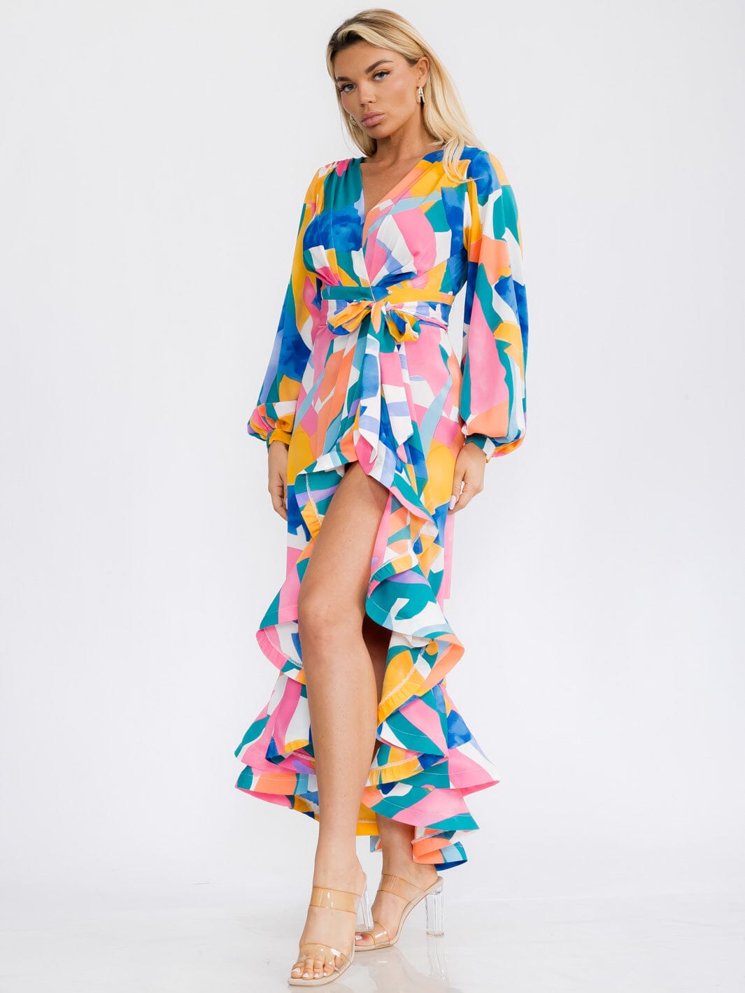 Geometric Print High Low Wrap Maxi Dress Side