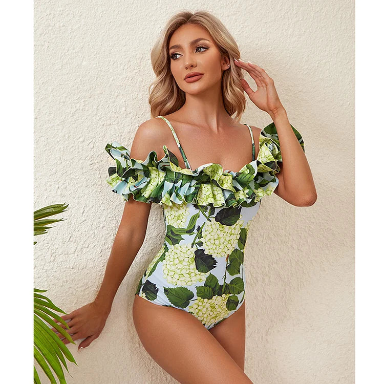 Green Hydrangea Swimsuit On Model