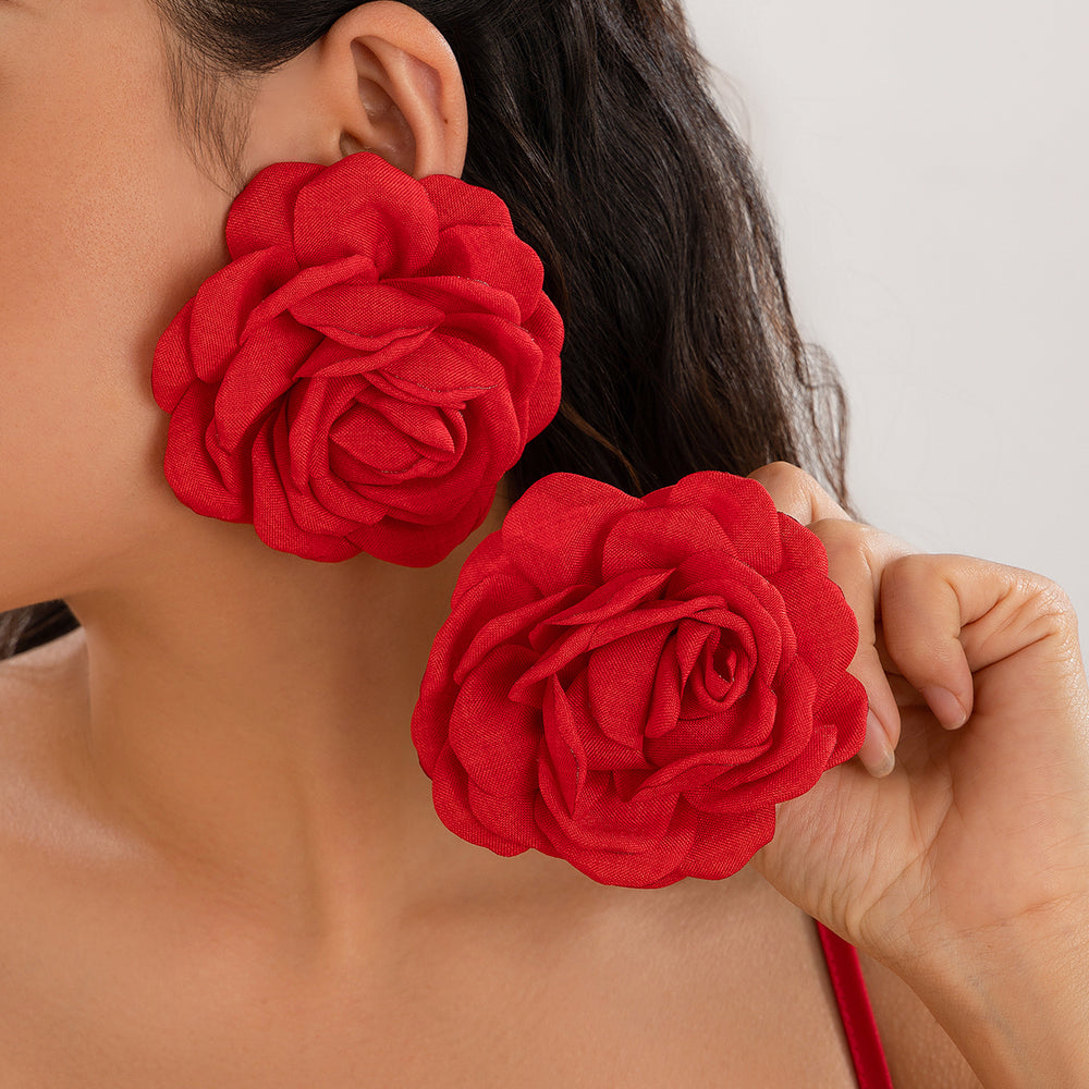 Large Rose Flower Earrings Red