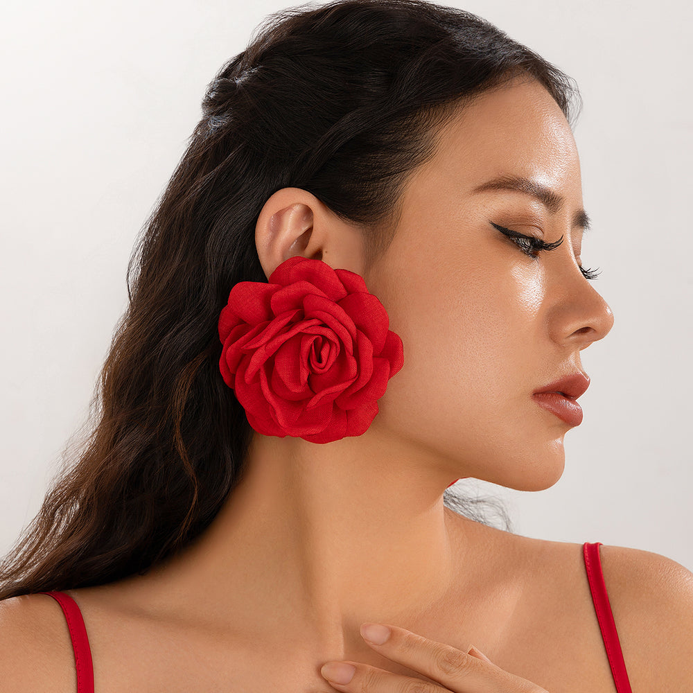 Large Rose Flower Earrings Red1