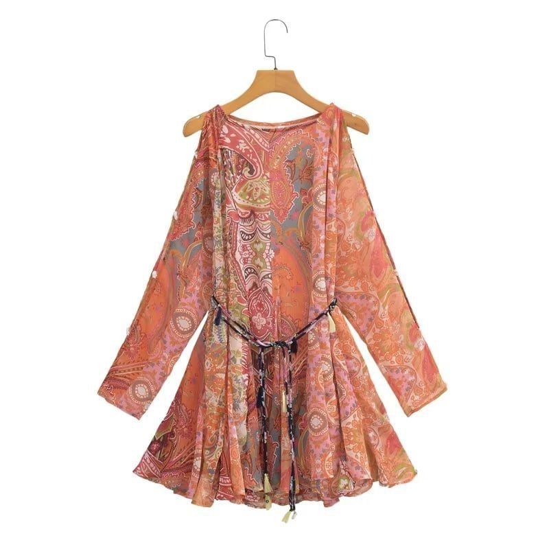 Orange Paisley Cold Shoulder Dress