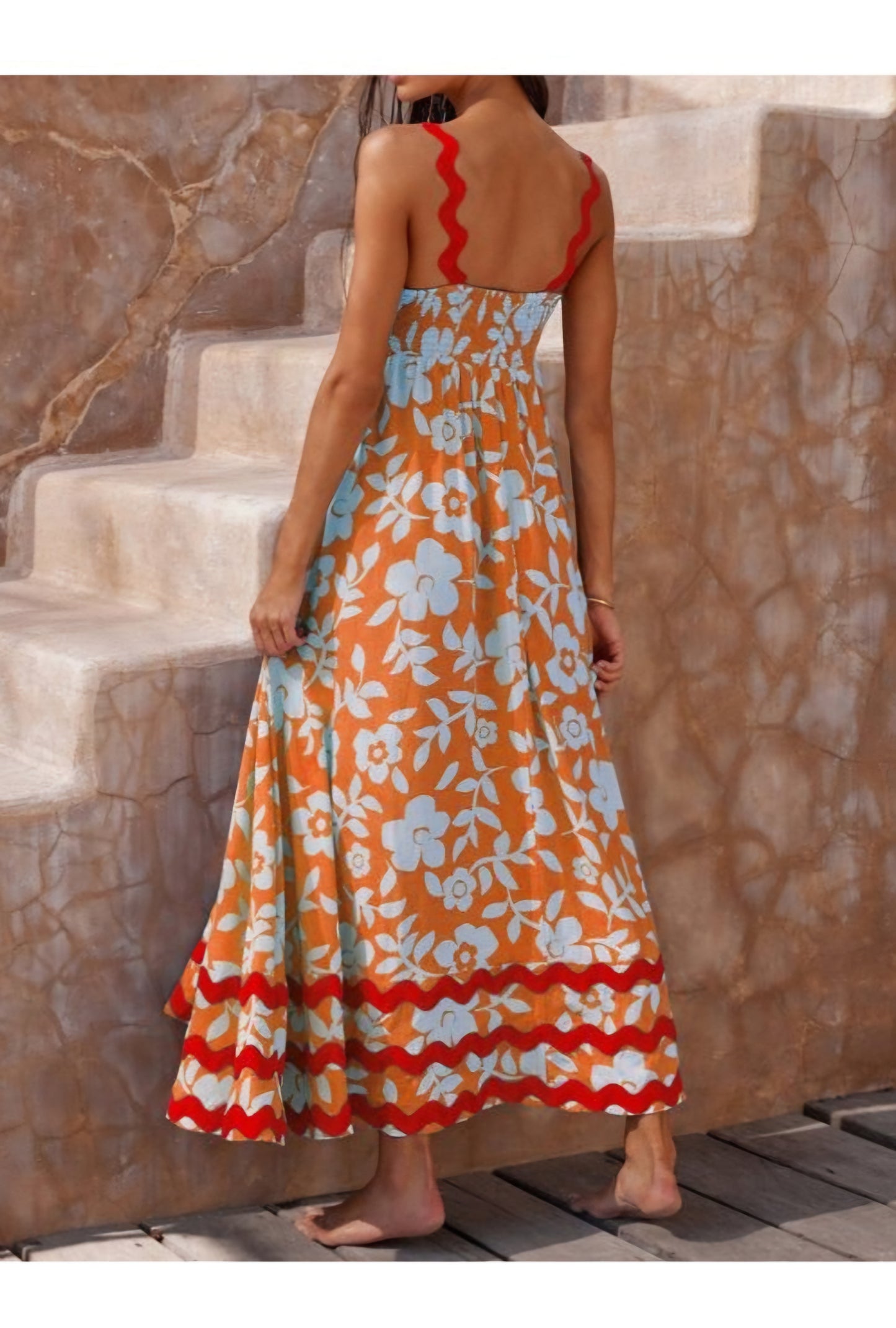 Orange Print High Waist Cotton Spaghetti Strap Dress Back