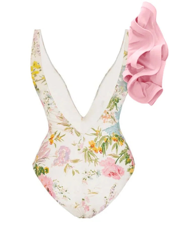 Pink & White Tropical Floral Print Swimsuit Back