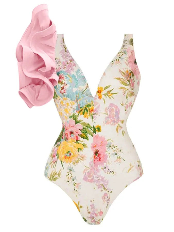 Pink & White Tropical Floral Print Swimsuit Front