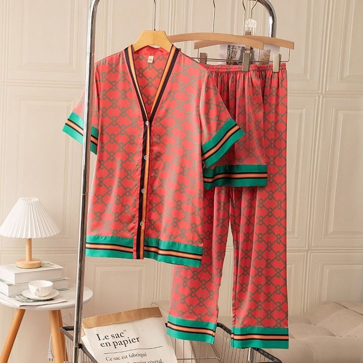 Pink and Green Fashion Silk Women Pajama Set