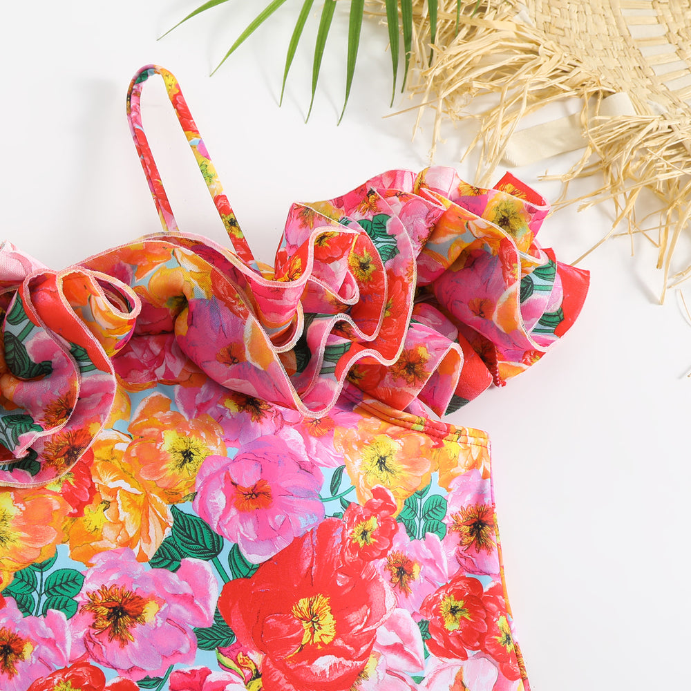 
                  
                    Ruffled Floral One Piece Swimsuit closeup
                  
                