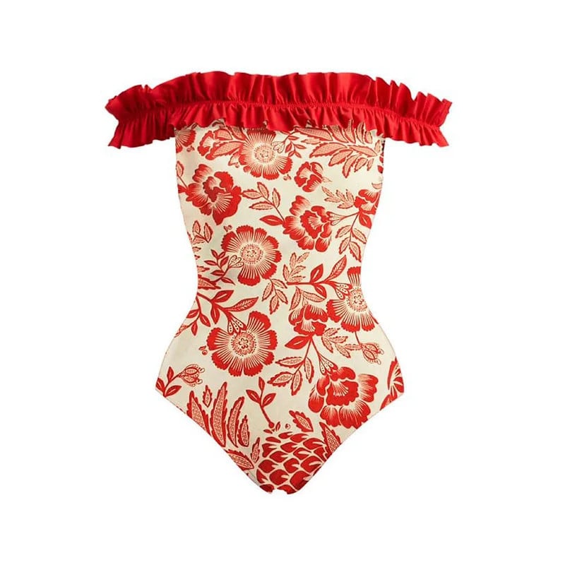 Scarlet Blossom Ruffle Trim Off Shoulder Swimsuit