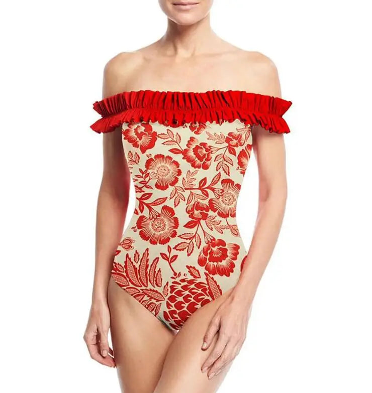 Scarlet Blossom Ruffle Trim Off Shoulder Swimsuit On Model