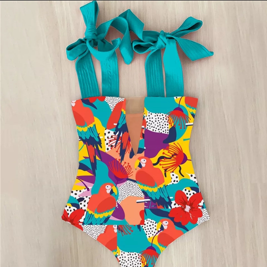 Multi Print Bow Swimwear Hollow Out Bathing Suit