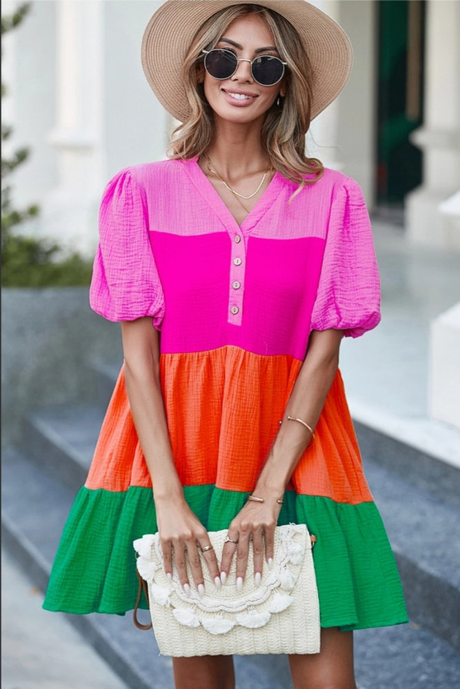 
                      
                        Multicolor Color Block Tiered Puff Sleeve Dress
                      
                    