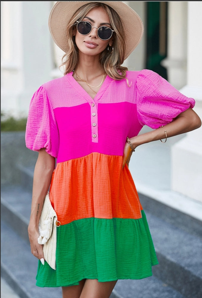 
                      
                        Multicolor Color Block Tiered Puff Sleeve Dress
                      
                    