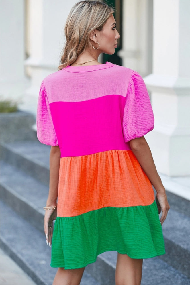 
                      
                        Multicolor Color Block Tiered Puff Sleeve Dress
                      
                    