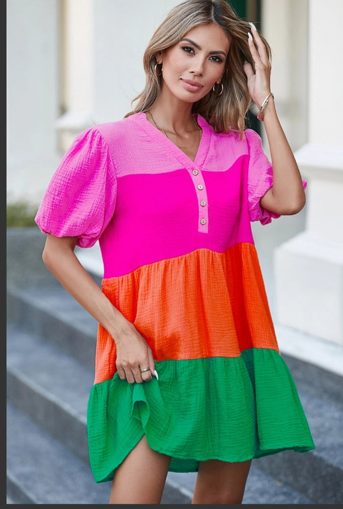 
                      
                        Multicolor Color Block Tiered Puff Sleeve Dress
                      
                    