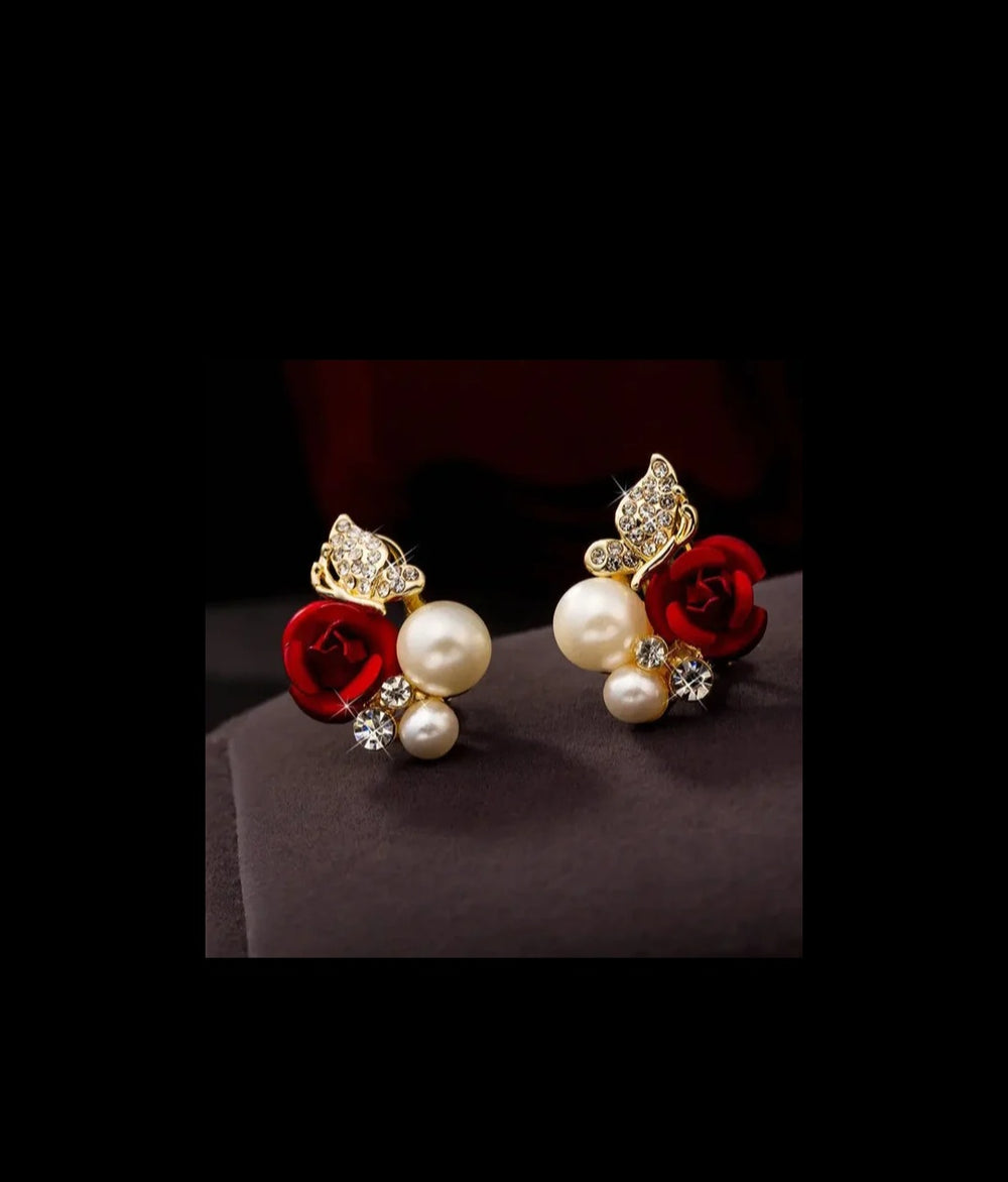 Red Rose Crystal Rhinestone Earrings