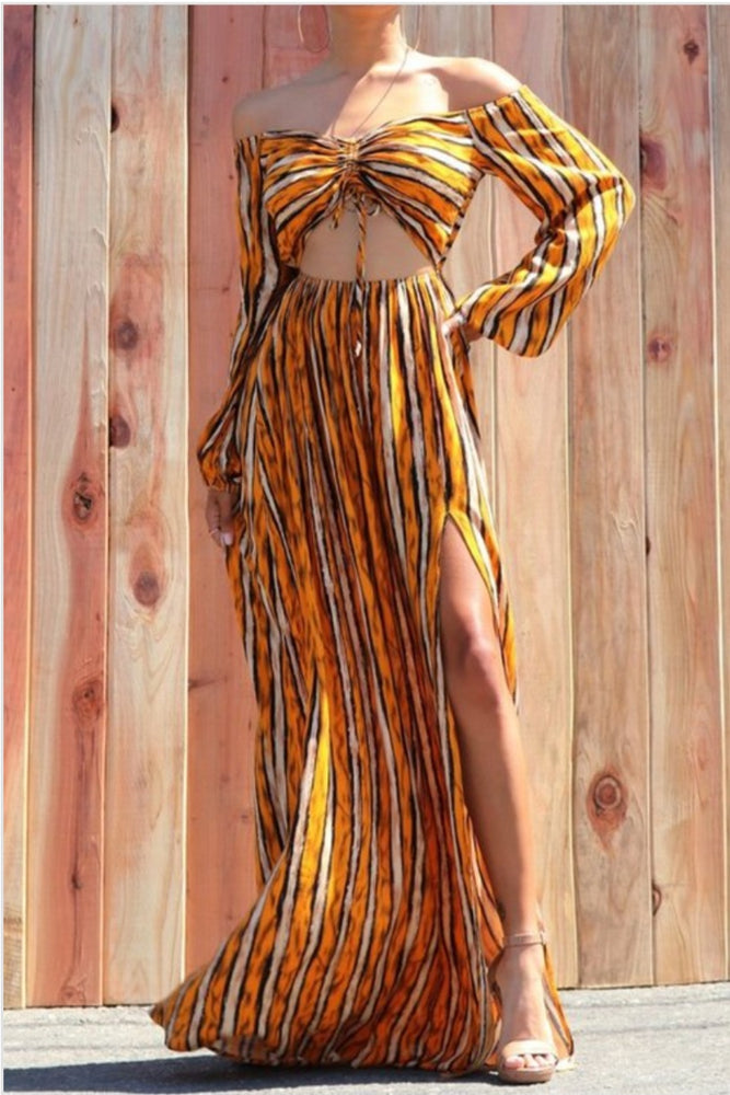 Printed Off Shoulder Woven Maxi Dress