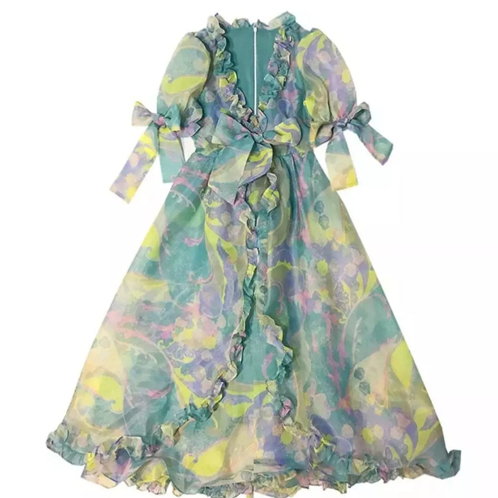 Green Tie Dye Princess Organza Maxi Dress