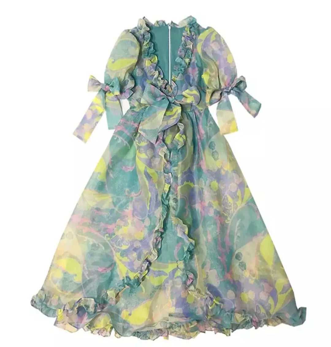 Green Tie Dye Princess Organza Maxi Dress