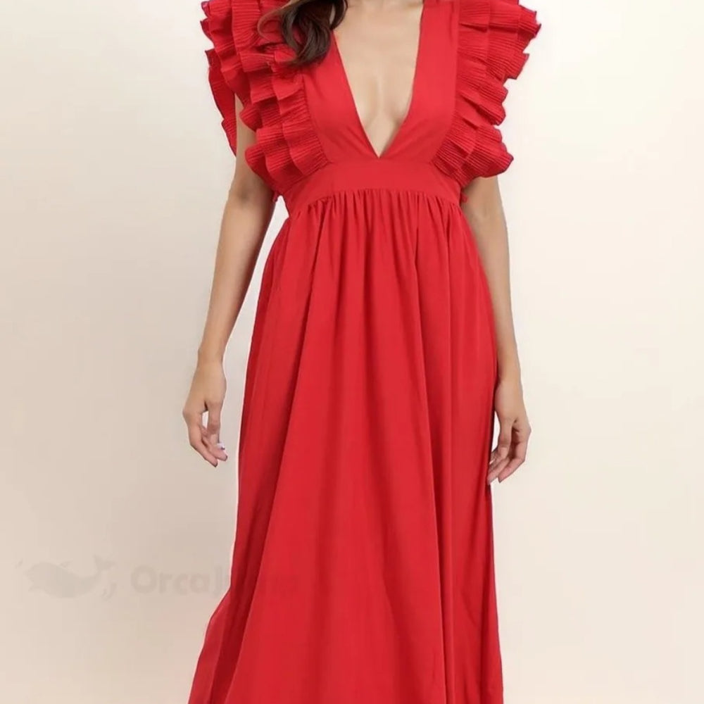 V-Neck Ruffled High Waist Maxi Dress. Red.01
