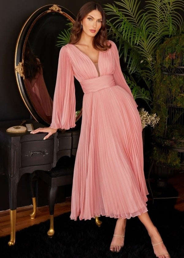 
                      
                        Pleated Bell Sleeve Tea Length Dress
                      
                    