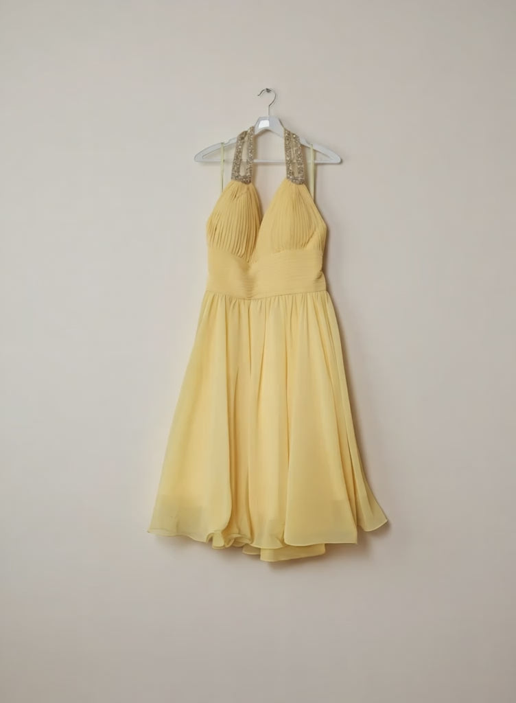 Rhinestones Neckline Halter Mini Dress Yellow