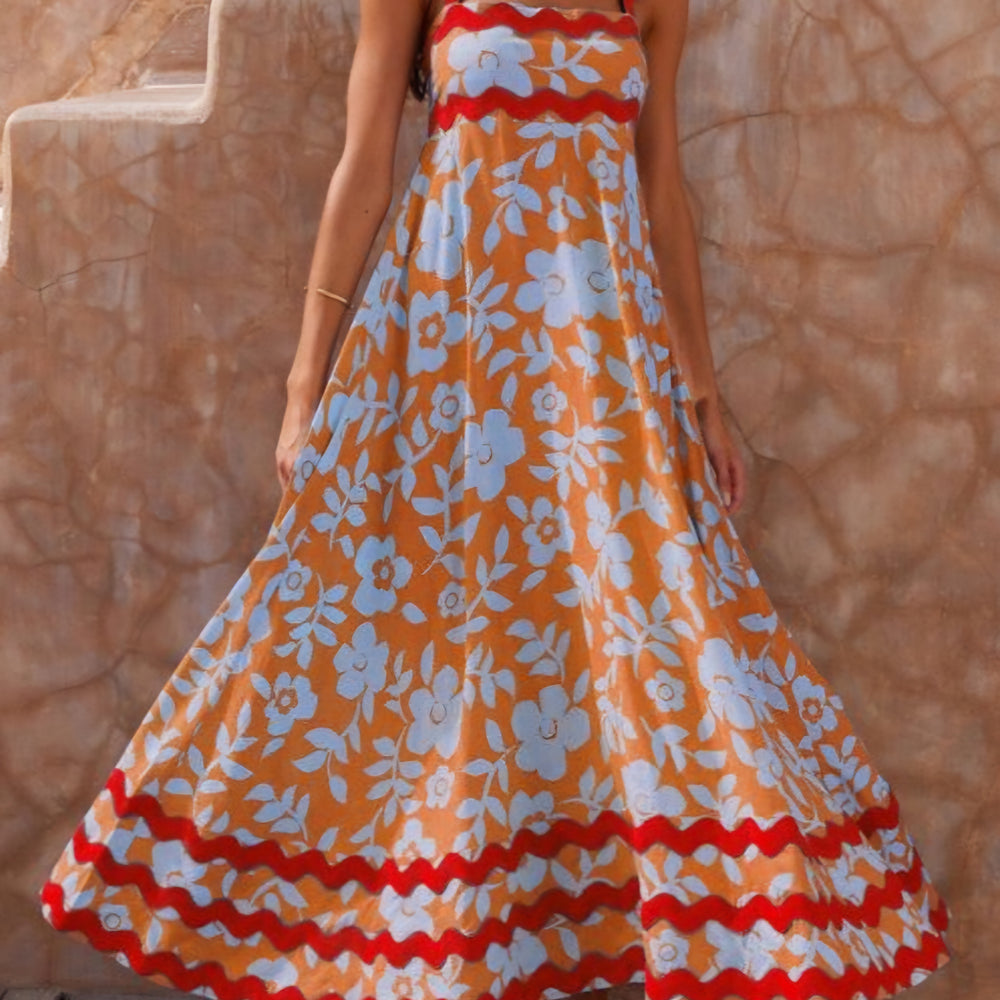 Orange Print High Waist Cotton Spaghetti Strap Dress