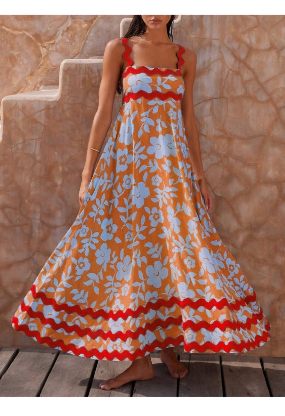 Orange Print High Waist Cotton Spaghetti Strap Dress