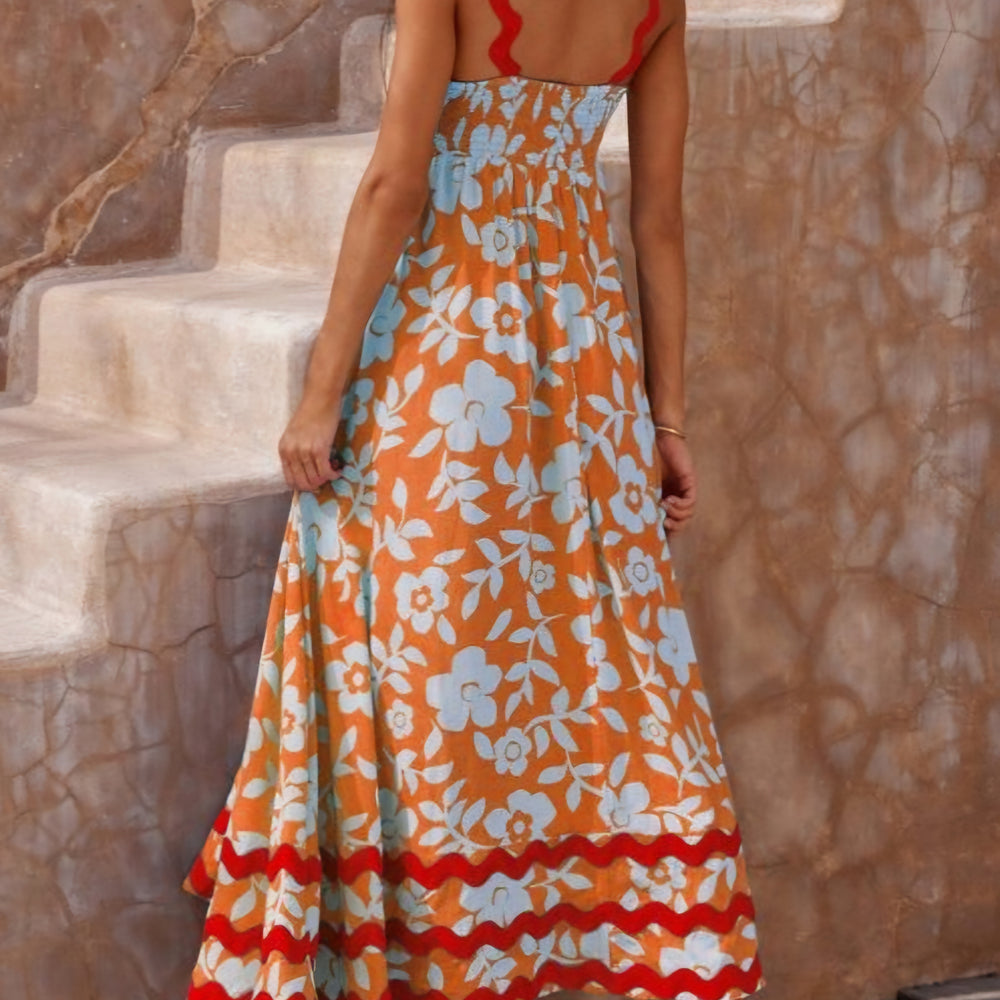 Orange Print High Waist Cotton Spaghetti Strap Dress