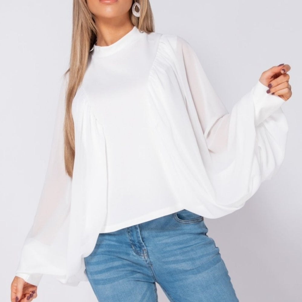 
                      
                        Batwing Chiffon Sleeve High Neck Blouse
                      
                    