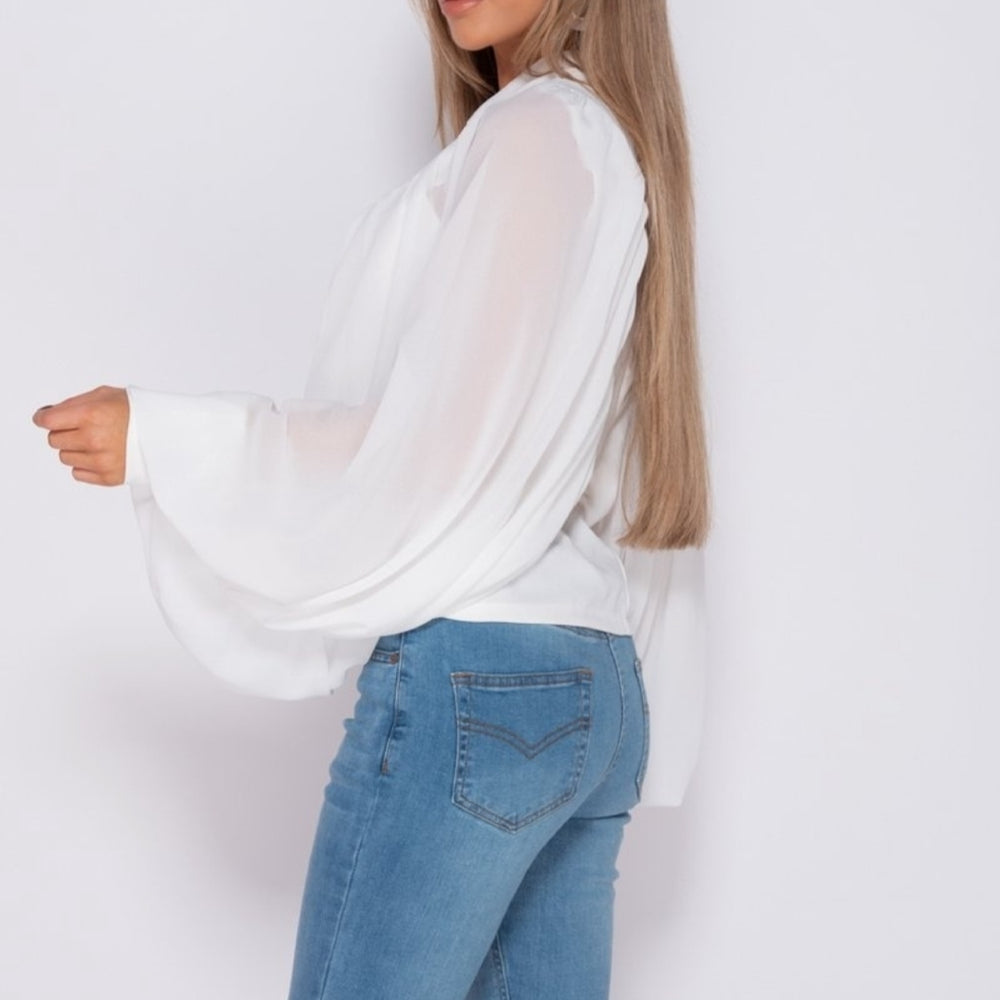 
                      
                        Batwing Chiffon Sleeve High Neck Blouse
                      
                    