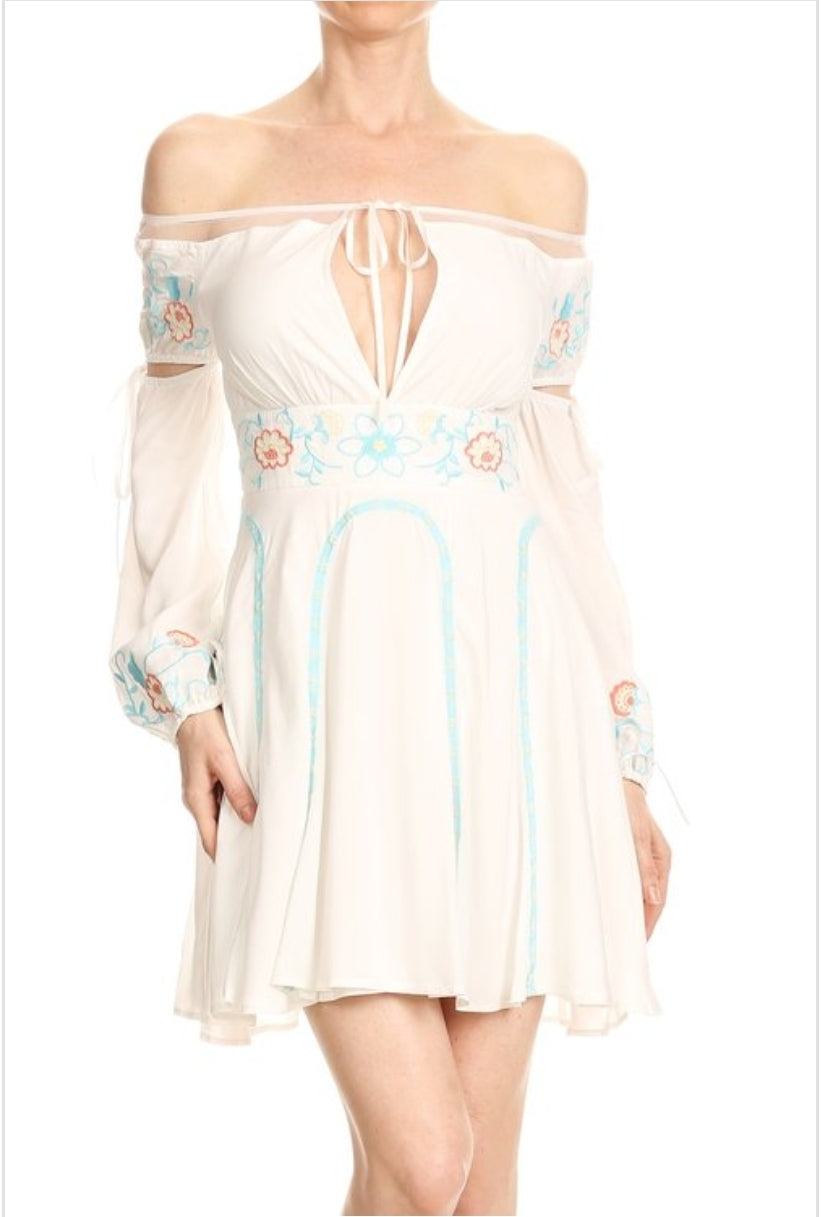 Banjul White Embroidered Off Shoulder Mini Dress