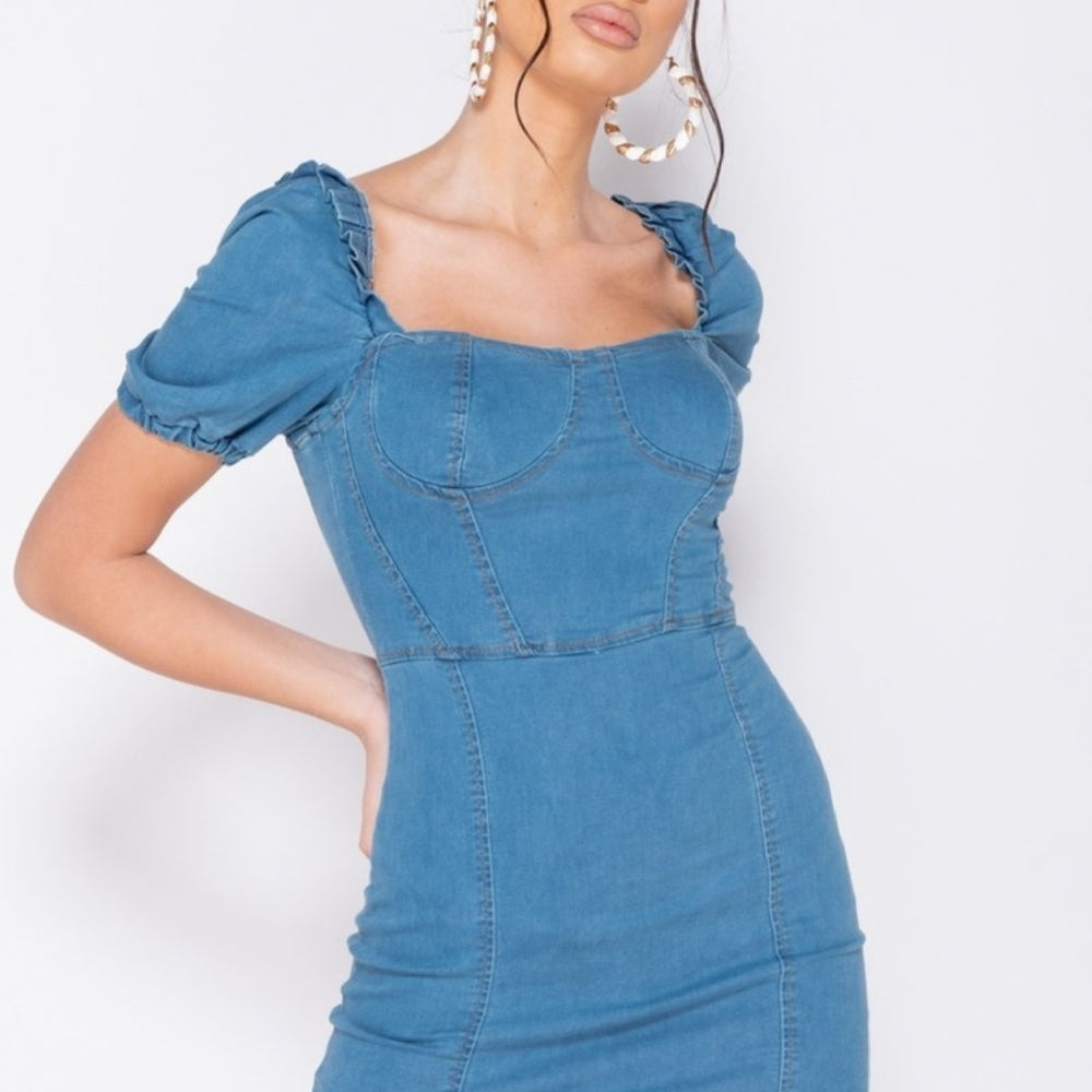 Parisian Denim Frill Detail Bodycon Mini Dress