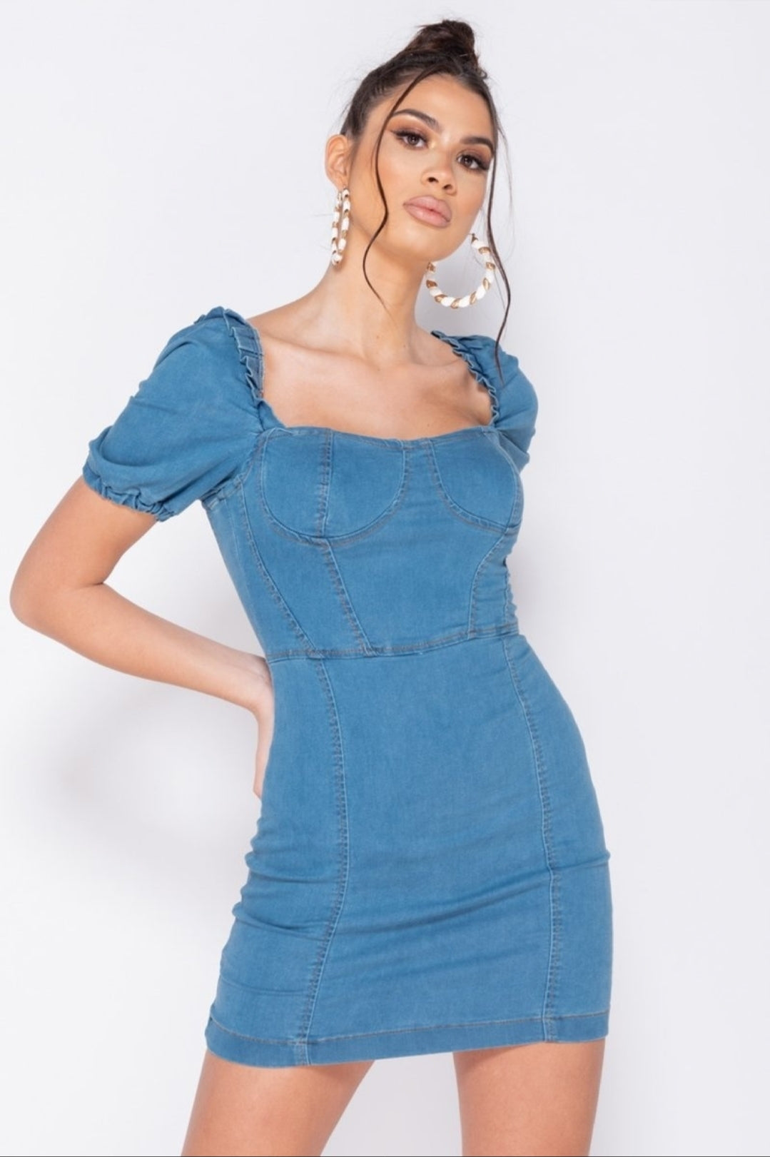 Parisian Denim Frill Detail Bodycon Mini Dress