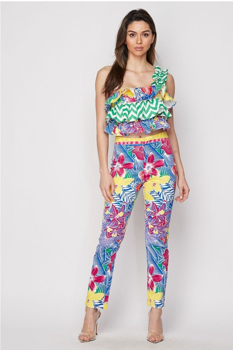 Floral Print One Shoulder Top And Pant Set