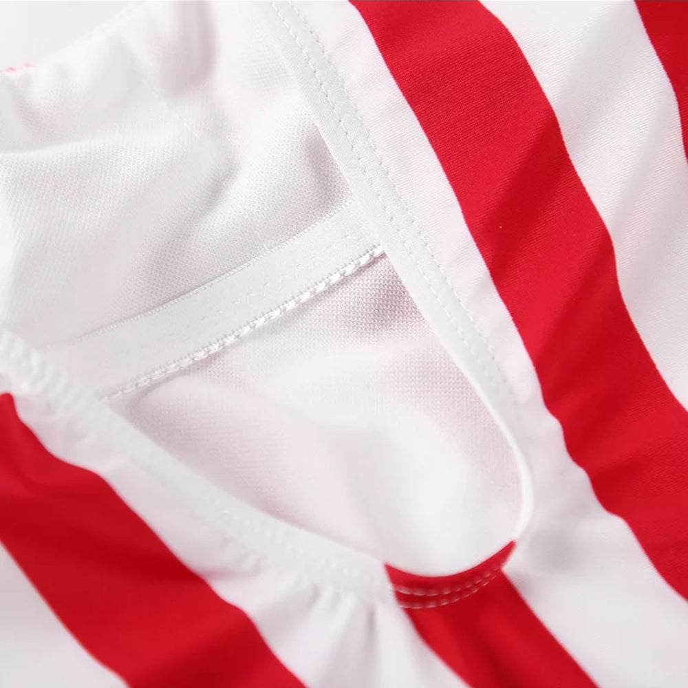 
                      
                        Red White Stripe One Piece High Cut Bathing Suits
                      
                    