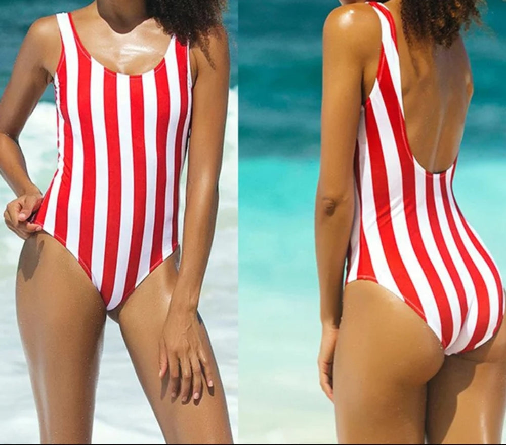 
                      
                        Red White Stripe One Piece High Cut Bathing Suits
                      
                    