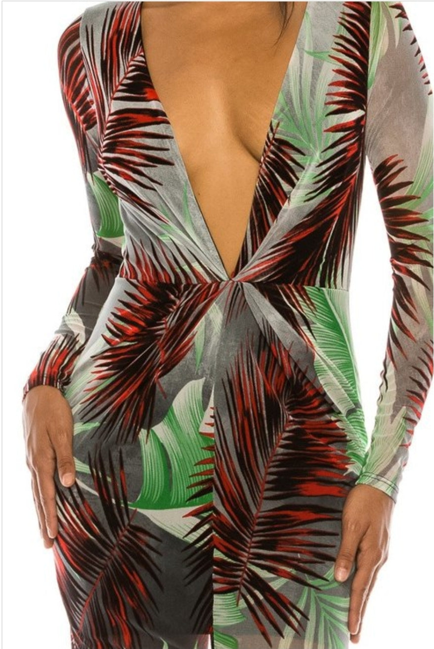 Sexy Tropical Printed V-Neck Mesh Dress