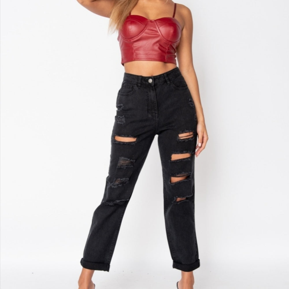 
                      
                        Wine Faux Leather Bust Cup Strappy Crop Top
                      
                    