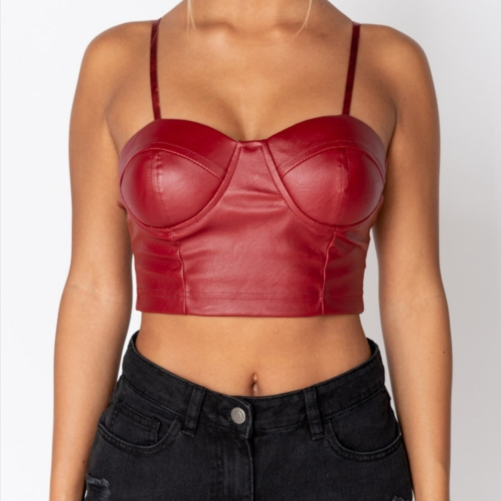 
                      
                        Wine Faux Leather Bust Cup Strappy Crop Top
                      
                    