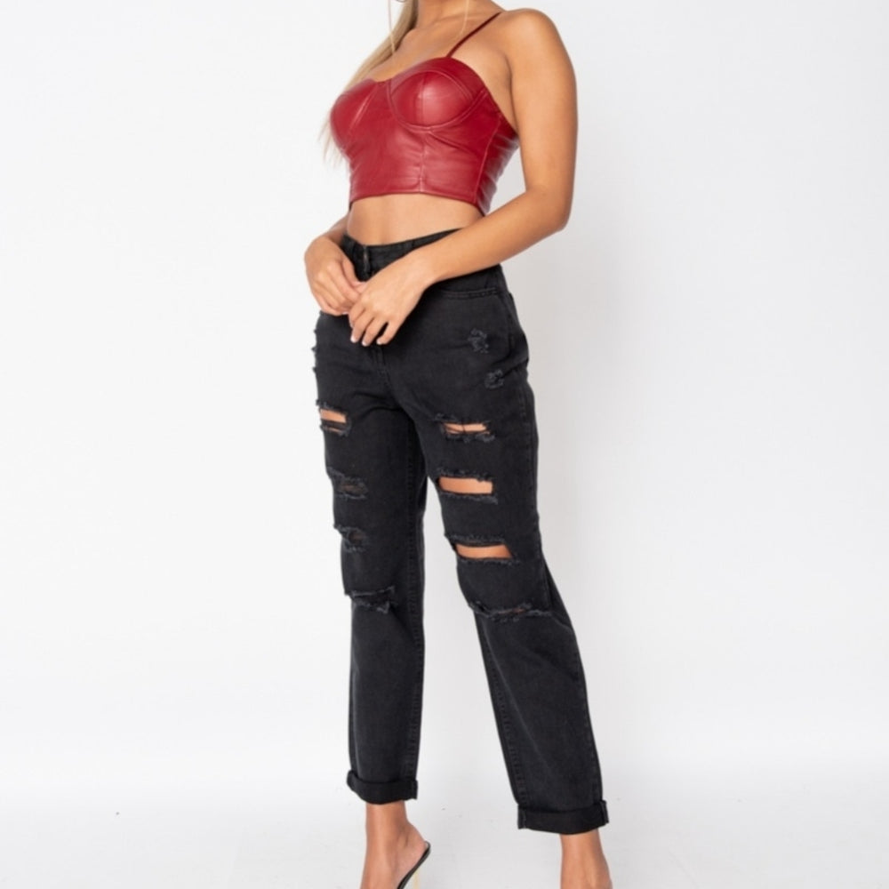 
                      
                        Wine Faux Leather Bust Cup Strappy Crop Top
                      
                    