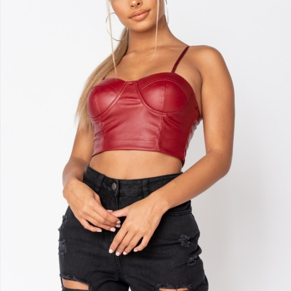 
                      
                        Wine Faux Leather Bust Cup Strappy Crop Top
                      
                    