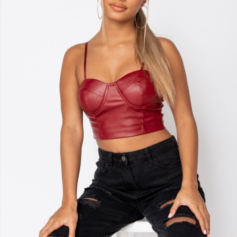 
                      
                        Wine Faux Leather Bust Cup Strappy Crop Top
                      
                    