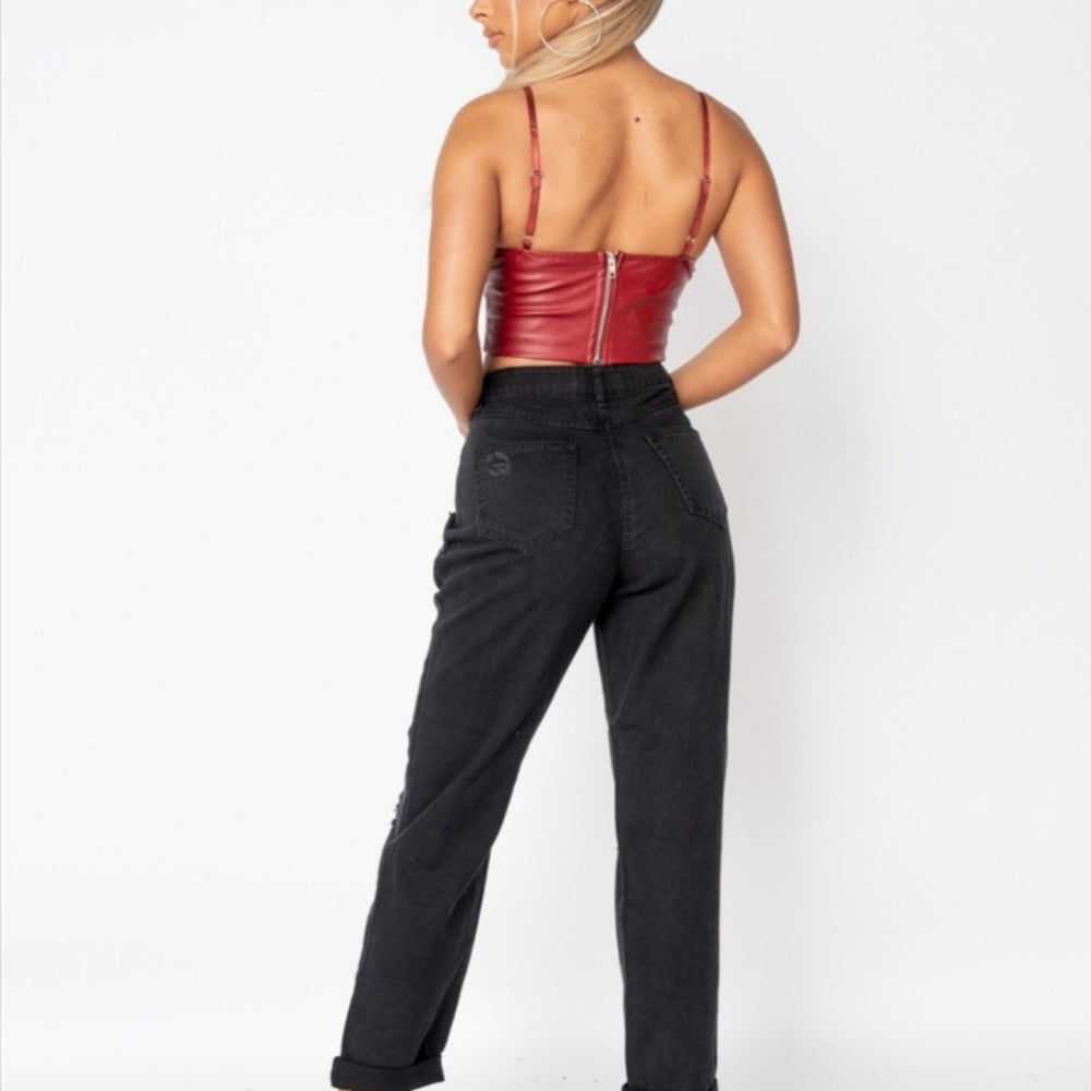 
                      
                        Wine Faux Leather Bust Cup Strappy Crop Top
                      
                    