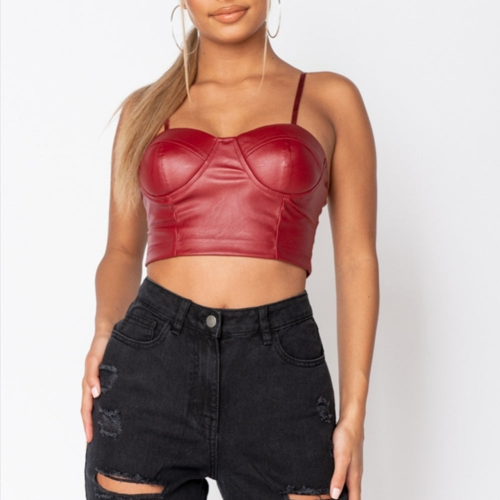 
                      
                        Wine Faux Leather Bust Cup Strappy Crop Top
                      
                    