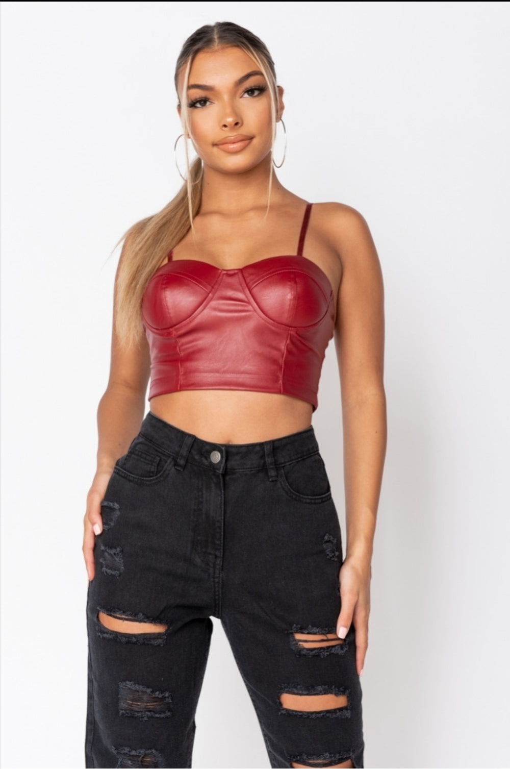 Wine Faux Leather Bust Cup Strappy Crop Top