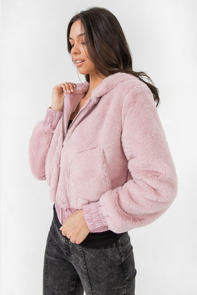 
                      
                        Mauve Color Faux  Hooded Bomber Jacket
                      
                    